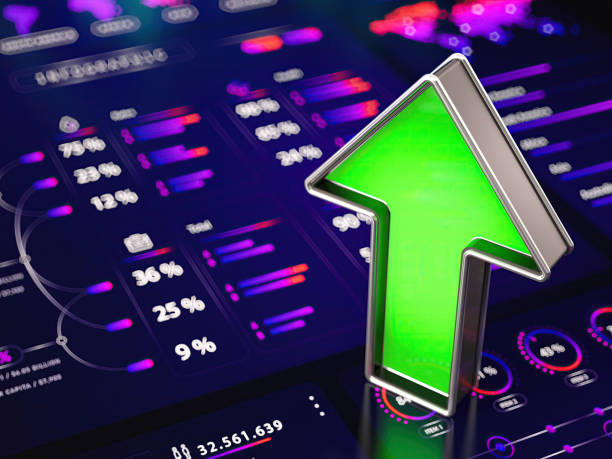 istock Up Trending Green Arrow with Abstract Data Screen 2161973050