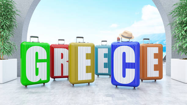 Greece Holiday Concept With Colorful Suitcases. 3D Render