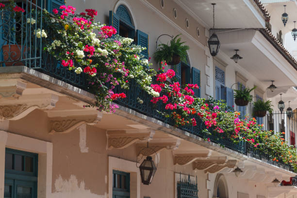 A street with historic buildings in Casco Historico, Old Town, Panama City.