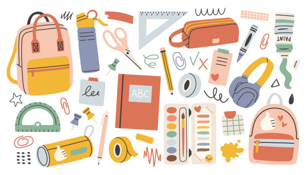 ilustraciones, imágenes clip art, dibujos animados e iconos de stock de papelería escolar y conjunto de materiales de arte, estilo de dibujos animados. accesorios kawaii para el estudio, el equipo del estudiante. vuelta al cole. ilustración vectorial moderna de moda aislada en blanco, dibujada a mano, plana. - material escolar