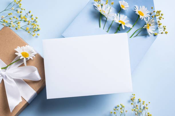 istock Empty blank card,  gift box and chamomile flowers 2161978889