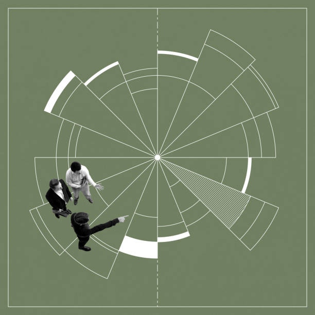 istock Three male employees standing inside radial chart discussing strategies and analytics of work. Data analysis, strategic planning, and coordinated efforts. Conceptual minimalistic design. 2161980429