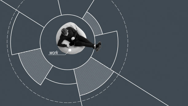 istock Young man, employee sitting with table and working inside radial chart. Comfort workspace, productivity and freelance. Conceptual minimalistic design. 2161980443
