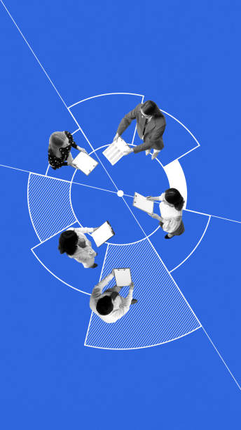 Five employees stand in radial chart, holding documents. Collaboration, teamwork, and collective analysis, group discussions and shared insights. Conceptual minimalistic design.
