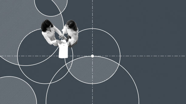 istock Women, employees review documents within intersecting circles. Collaboration, shared ideas, and discussion of different perspectives and expertise. Conceptual minimalistic design. 2161980449