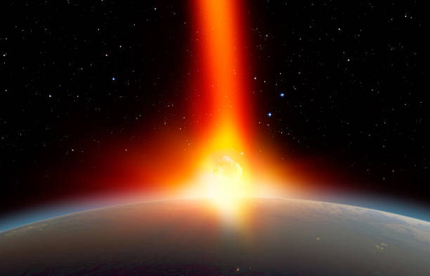 A comet, an asteroid, a meteorite glows, enters the earth's atmosphere. Attack of the meteorite. Meteor Rain. Kameta tail. End of the world. Elements of this image furnished by NASA. Mixed media.