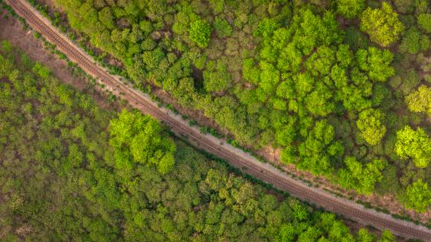 istock Drone view of a single track railway line in countryside. 2161993728