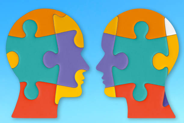 This stock photo features two human heads made up of colorful puzzle pieces facing each other against a blue background. The bright colors and distinct separation of the puzzle pieces symbolize communication, collaboration, and diversity. The simple blue background provides a pleasing contrast, highlighting the vibrant heads. Perfect for themes related to teamwork, education, problem-solving, and diversity