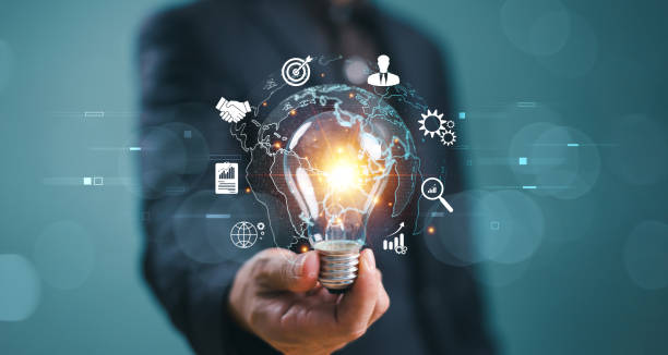 istock Market communication solution technology concept. Digital maketing idea, modern business company. Man show light bulb, global internet connection application. Financial banking, link tech big data 2161996671