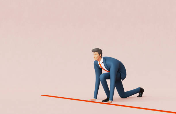 istock Successful businessman in starting position is ready to run, 3D rendering illustration with copy space 2161998857