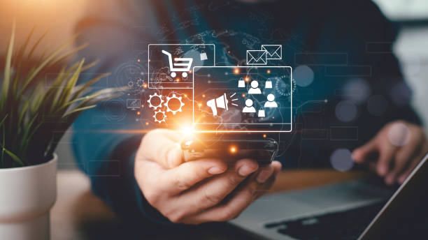 istock Businessman using mobile smart phone. Business global internet connection application technology and digital marketing, Digital marketing media (ad, email, social network, SEO, video, mobile app) 2161999694