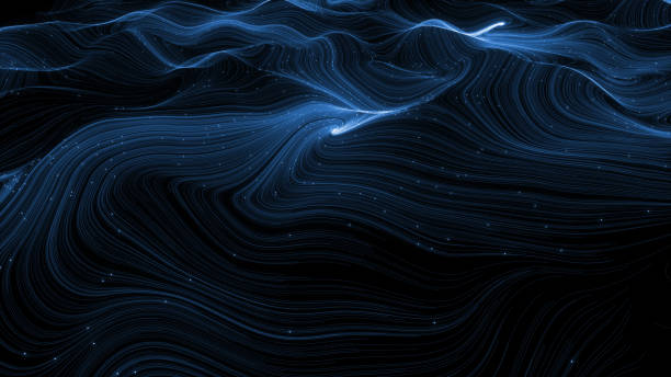 istock Flowing lines and glowing particles, Neon lines background, 3d rendering 2162001104