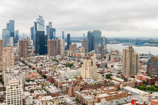 Midtown Manhattan Buildings on a Cloudy Summer Day from a  high angle view.