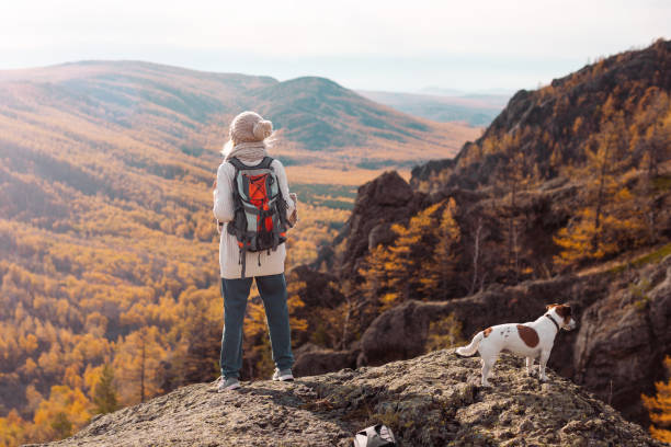 istock Middle Aged Woman with backpack walking in the autumn forest trip 2162006716