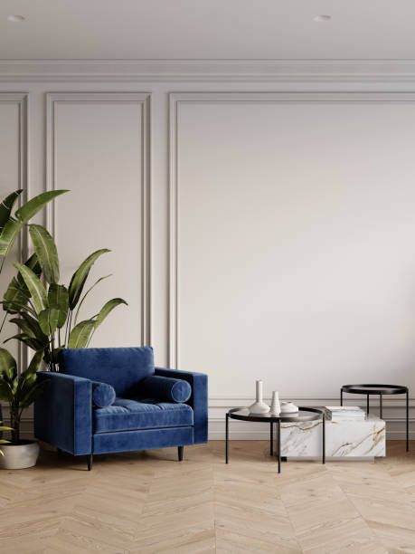 istock Classic white interior with blue armchair, coffee table, potted plants and decor. 3d render illustration mockup. 2162008579