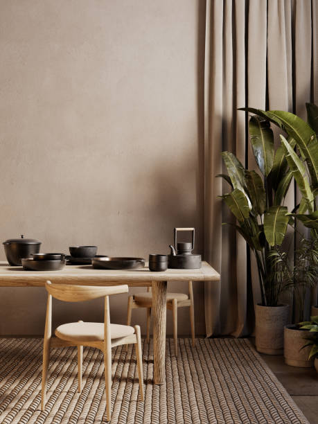 istock Loft beige interior with dining table, chairs, carpet, potted tropical plants, dishes and decor. 3d render illustration mockup. 2162008633