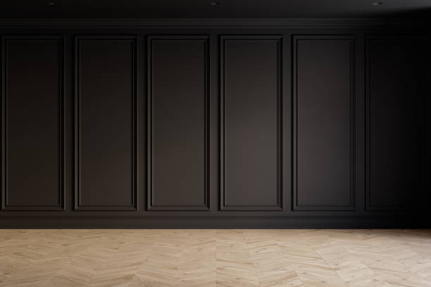 istock Black classic interior with blank wall with moldings and chevron wood floor. 3d render illustration mockup. 2162008638