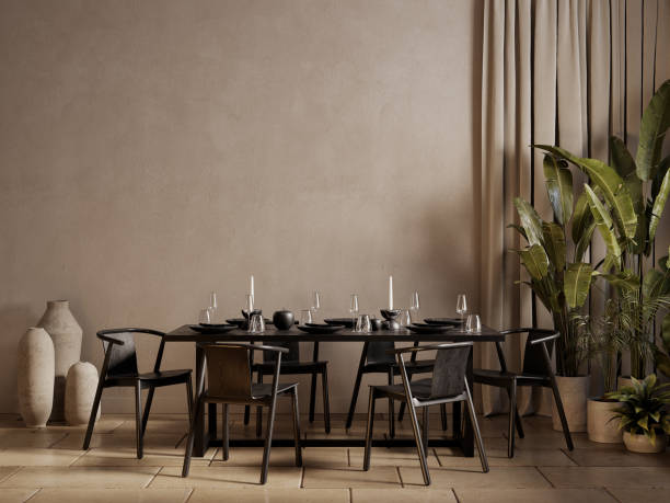 istock Loft beige interior with dining table, chairs, potted plants, tile floor and decor. 3d render illustration mockup. 2162008665