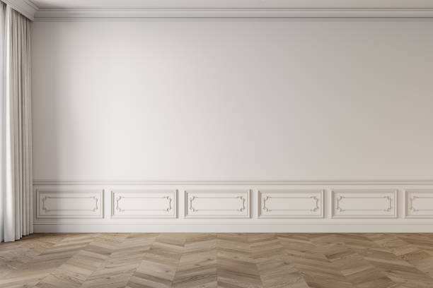 istock Classic white empty interior with blank wall, chevron wood floor, curtains and moldings. 3d render illustration mockup. 2162008708