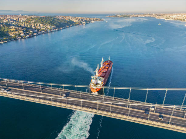 istock Aerial view of a cargo ship passing under bridge. Cargo Ship Beneath Bridge. 2162011241