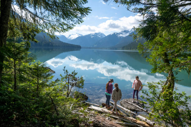 Family explores lakeshore together Family explores lakeshore together, below mountains and forest, Whistler, B.C. pacific northwest region stock pictures, royalty-free photos & images