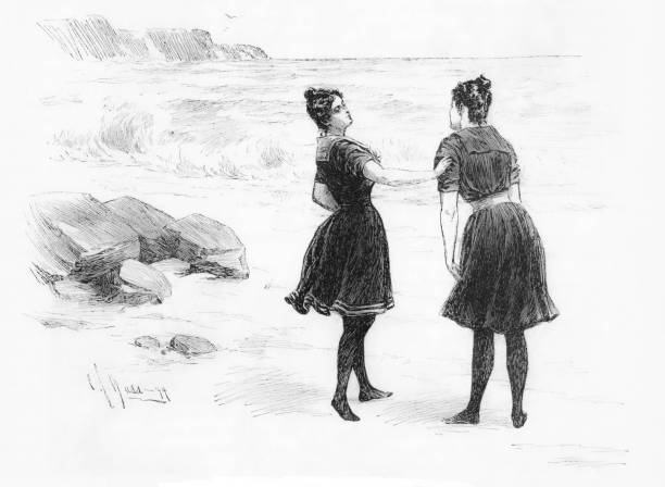 Women in Victorian Swimwear at Beach Two women wearing Victorian swim dresses play on a beach. Illustration published in 1894. Original edition is from my own archives. Copyright has expired and is in Public Domain. victorian swimwear stock illustrations