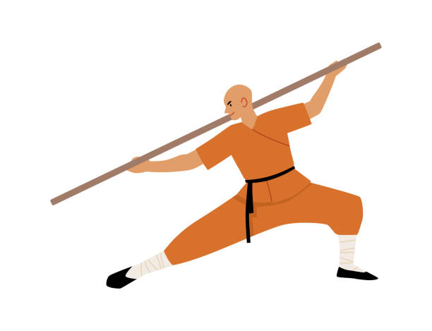 istock Young man shaolin monk fighter exercising Kung fu fight with wooden stick, Wushu Chinese martial art, practice training 2162023213