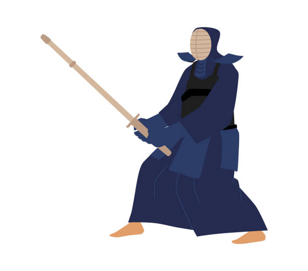 petarung kendo memakai topeng pelindung dan pagar pakaian dengan pedang bambu, vektor seni bela diri jepang, olahraga tempur - jubah-tinju ilustrasi stok