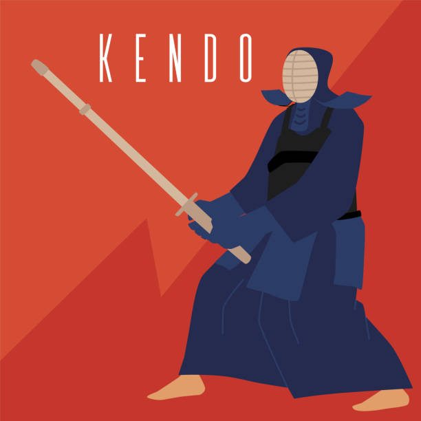petarung kendo memakai topeng pelindung pagar pakaian dengan pedang bambu, poster vektor olahraga bela diri tempur jepang - jubah-tinju ilustrasi stok