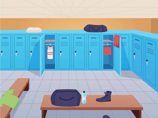 istock Vector scene from a sports locker room with a T-shirt, a towel a water bottle 2162025880