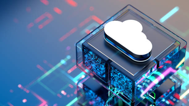 cloud computing sign - digital technology data concept on cpu. - cloud computing stockfoto's en -beelden