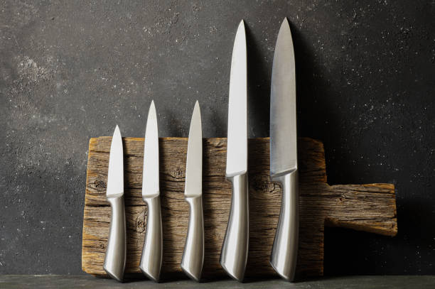 istock Casting steel various chef knife, Set of modern sharp kitchen knives on dark background 2162031759