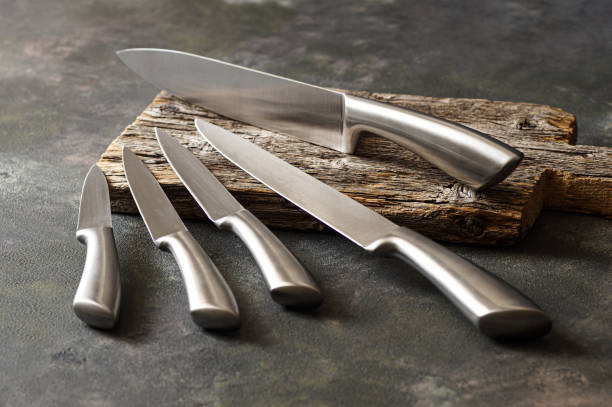 istock Casting steel various chef knife, Set of modern sharp kitchen knives on dark background 2162031766