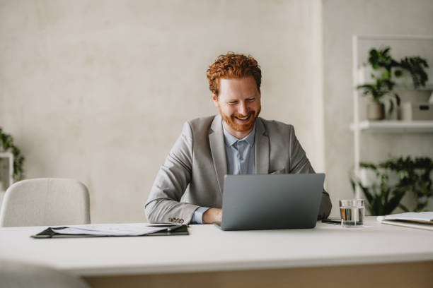 Smiling Businessman Working At Laptop In Modern Office