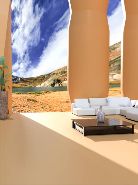 3d rendering of interior blank wall with landscape background.
