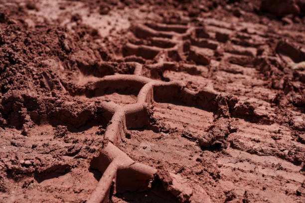 Tire with Deep Treads Track in Mud - Dried mud with 4x4 vehicle tire track.