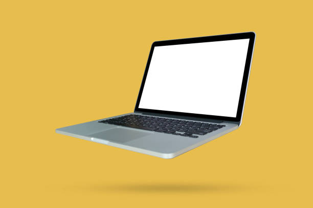 istock Laptop with blank screen isolated on yellow background 2162042791