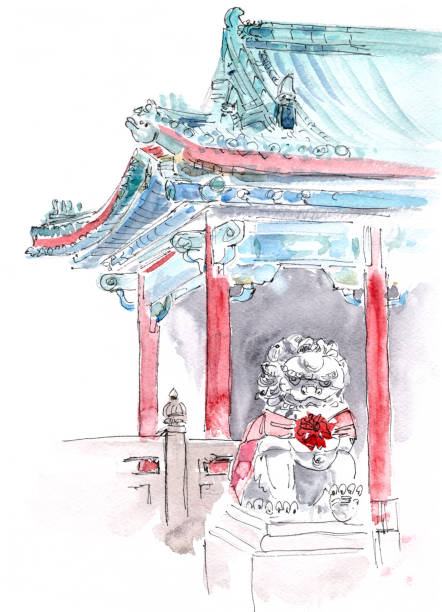Sik Sik Yuen Wong Tai Sin Temple in hong kong, watercolor travel sketch Sik Sik Yuen Wong Tai Sin Temple in hong kong, watercolor travel sketch. High quality illustration chinese-architecture stock illustrations