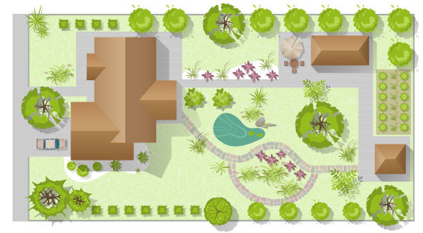 istock Landscape design plan with house, courtyard, lawn and garage top view. Highly detailed plan of country with modern cottage, garden, pond, pool. Vector illustration of Cityscape, Map of town, village 2162044986