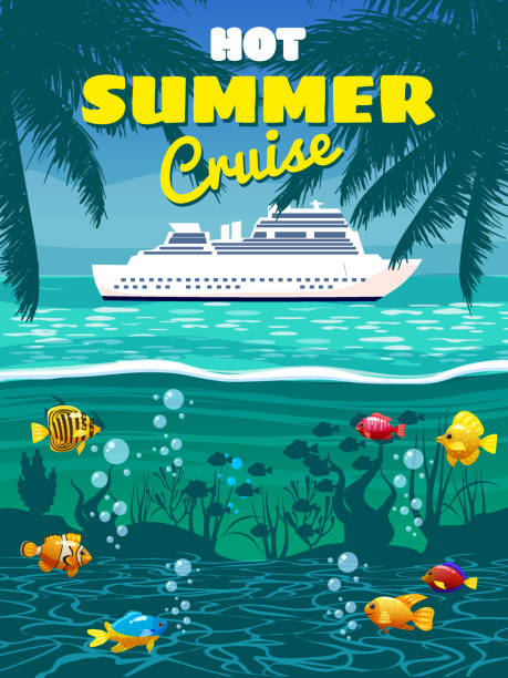 Hot Summer Vacation poster. Ocean sea, underwater, fishes, bottom tropical resort, palms, sailboat. Vector cartoon illustration vintage