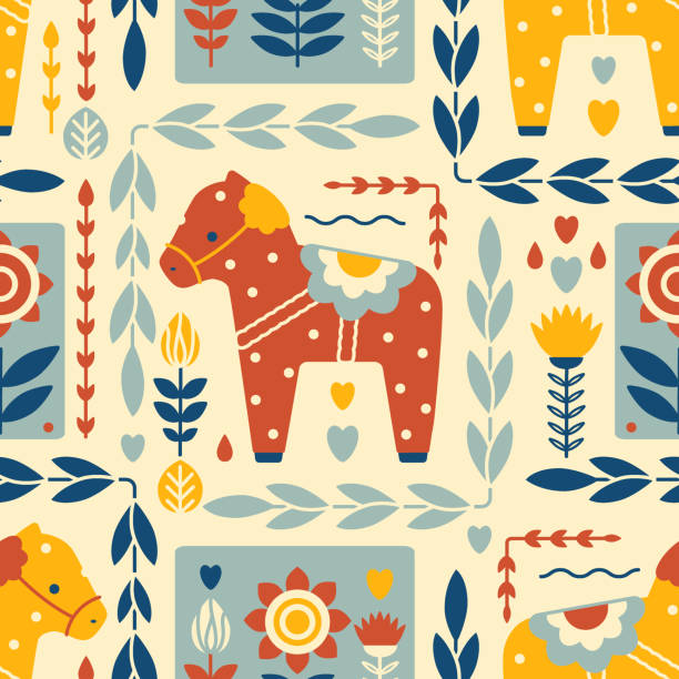 bildbanksillustrationer, clip art samt tecknat material och ikoner med stylized swedish vector seamless pattern with dala horse, nordic flowers and leaves. retro folk background. tile print for patchwork or fabric swatch. simple hand drawn home decor - svensk kultur