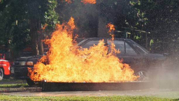 istock Fire explosion flammable car fire on street smoke, hot danger flame burning effect. Fire burn car accident disaster conflagration. Arson disaster burning fire flame high heat almost explode. 2162052868
