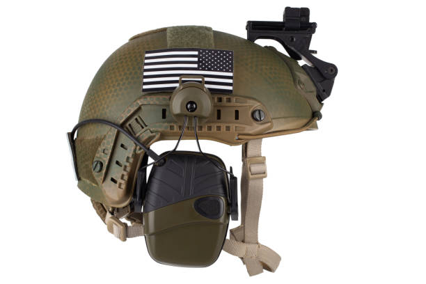 istock Night vision goggles on military helmet with US national flag 2162059521