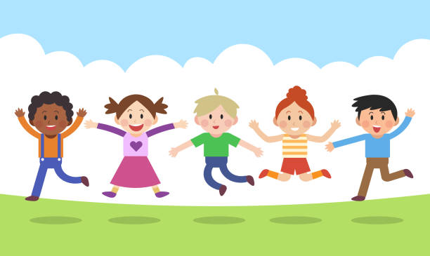 szczęśliwe dzieci skaczące razem - uczeń szkoły podstawowej obrazy stock illustrations