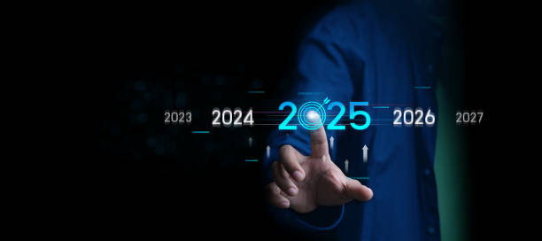 istock Countdown to 2025 concept. the taps a virtual download bar with a loading progress meter on New Year's Eve, turning the year 2024 to 2025. 2162060212