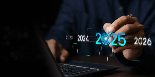 istock Countdown to 2025 concept. the taps a virtual download bar with a loading progress meter on New Year's Eve, turning the year 2024 to 2025. 2162060219