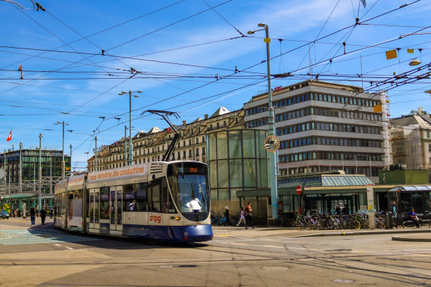 Tram in the city of Geneva, Switzerland.Taken on the station square.