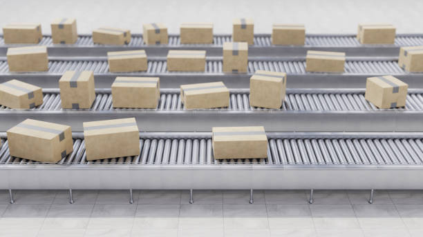 istock Cardboard boxes on conveyor belt line. Sorting, shipping and transportation concept. 2162062955