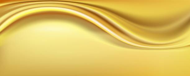 istock Golden silky fabric template background realistic vector illustration. Wavy shimmering yellow satin textile 3d color image upper view 2162063965