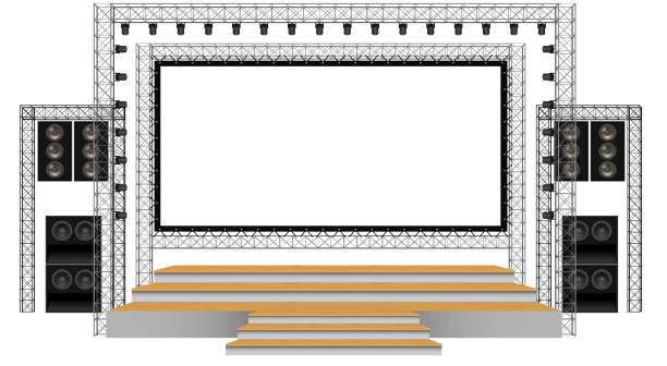 istock wooden stage and speaker with white screen on the truss system on the white background 2162065628